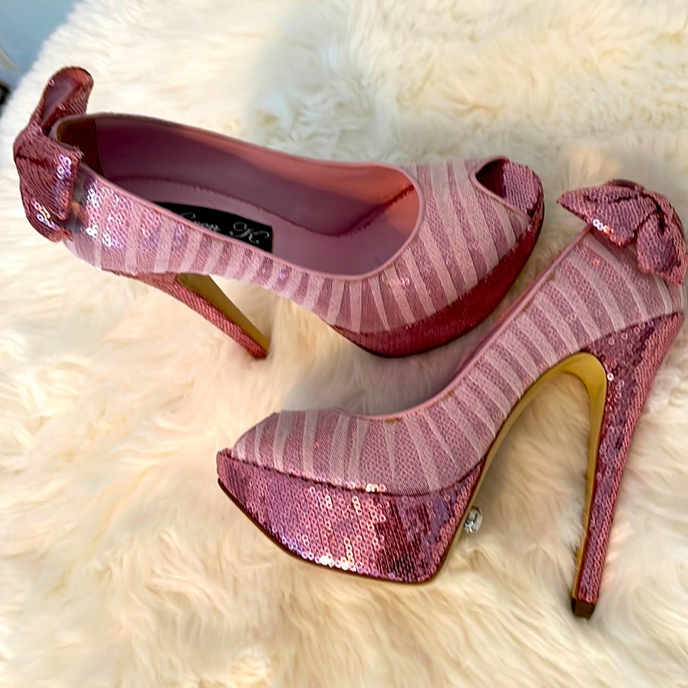 🎉 Karen K Sequin Platform Pink Ultra High Heel Bow Heels 39